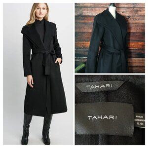 NWOT Tahari XL Wrap Coat Long Double Face Soft Wool Blend Black Layered Lapel